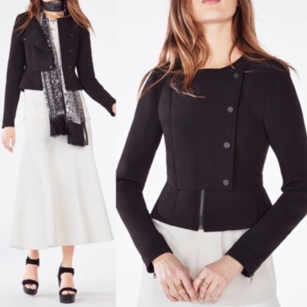 BCBGMaxAzria Jaymes Peplum Blazer Moto Jacket Black Neoprene Size XS
